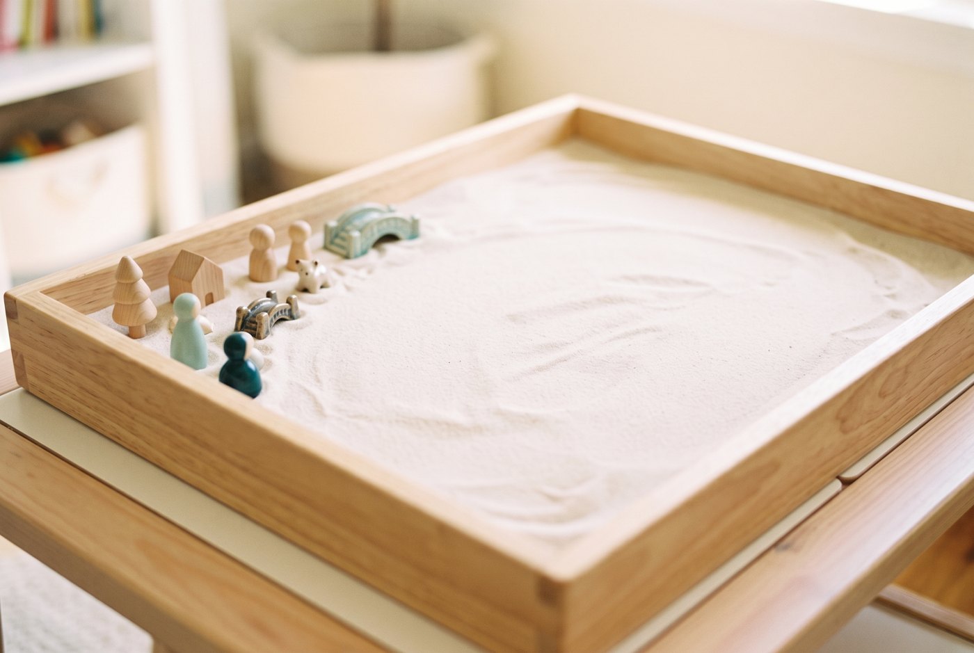 A wooden sand tray with smooth sand and small wooden and ceramic figurines