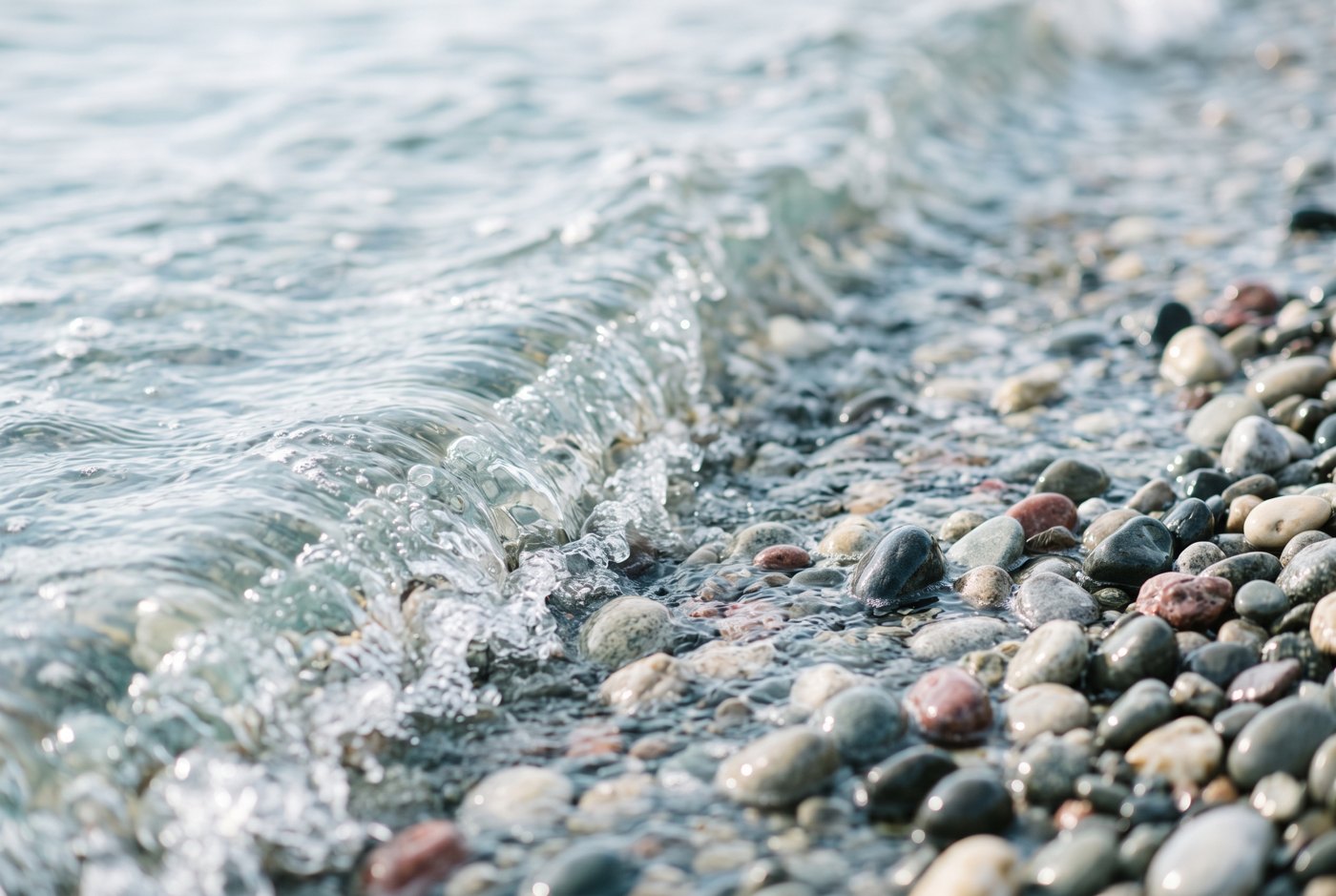 A gentle wave washing over smooth pebbles on the shore